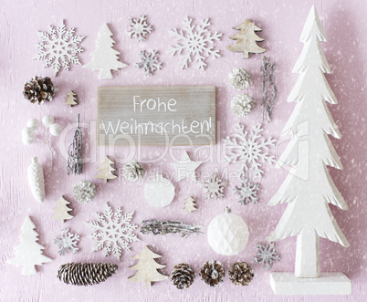 Decoration, Flat Lay, Frohe Weihnachten Means Merry Christmas, Snowflakes