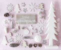 Decoration, Flat Lay, Frohe Weihnachten Means Merry Christmas, Snowflakes