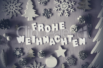 Flat Lay, Frohe Weihnachten Means Merry Christmas, Black And White