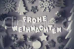 Flat Lay, Frohe Weihnachten Means Merry Christmas, Black And White