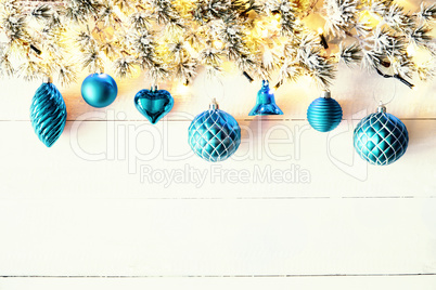 Turquoise Christmas Banner, White Wood, Copy Space, Bells