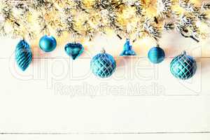 Turquoise Christmas Banner, White Wood, Copy Space, Bells
