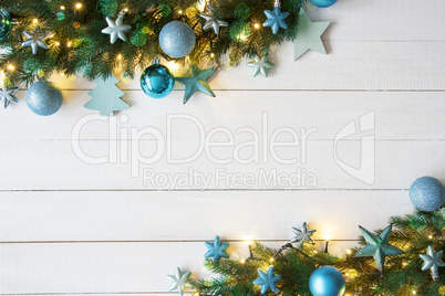 Turquoise Christmas Banner, Frame, Fir Branches, Copy Space