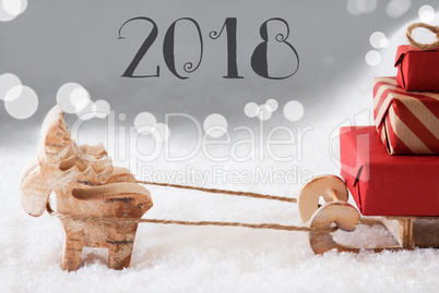 Reindeer With Sled, Silver Background, Text 2018
