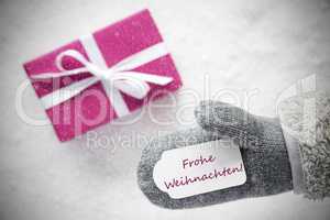 Pink Gift, Glove, Frohe Weihnachten Means Merry Christmas, Snowflakes