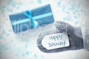 Turquoise Gift, Glove, Text Happy Birthday, Snowflakes