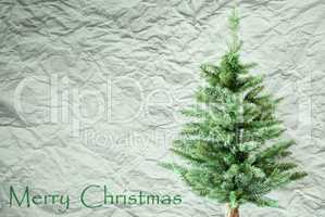 Fir Tree, Crumpled Paper Background, Text Merry Christmas