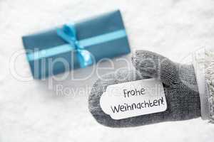 Turquoise Gift, Glove, Frohe Weihnachten Means Merry Christmas