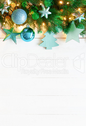 Turquoise Vertical Christmas Banner, Copy Space, Wooden Background
