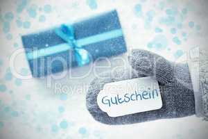 Turquoise Gift, Glove, Text Gutschein Means Voucher