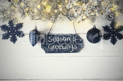 Black Christmas Plate, Fairy Light, Text Seasons Greetings