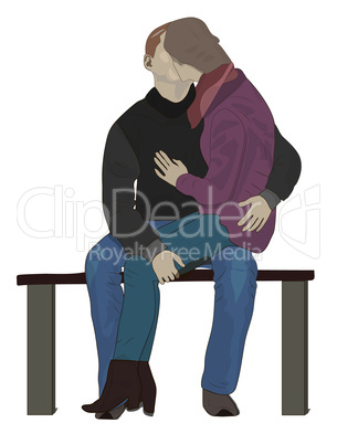 Young loving couple kissing on park bench