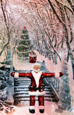 Christmas landscape with Santa Claus with gifts. 3D rendering.