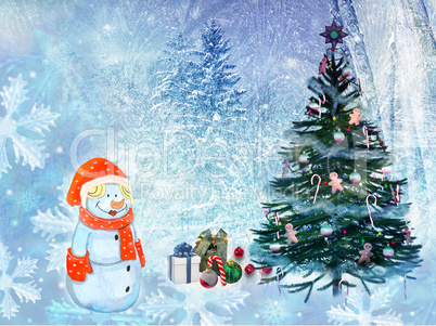 Christmas landscape Snowman with gifts. 3D rendering.