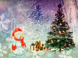Christmas landscape Snowman with gifts. 3D rendering.