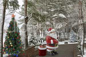 Christmas story: Santa Claus with gifts near the Christmas tree. 3