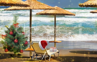 Christmas beach: a deck chair, tree and hat of Santa Claus. 3 D visualization.