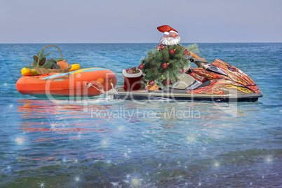 Christmas beach Santa Claus on a water scooter.