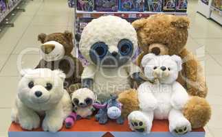 Baby soft toys in the shop window.