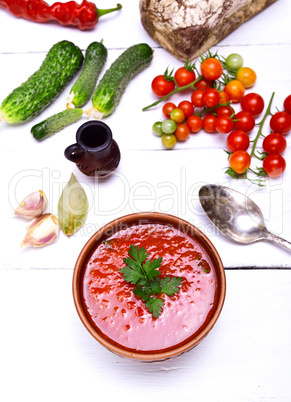 Spanish gazpacho soup of fresh red tomato