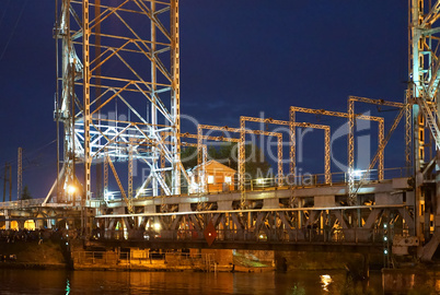 bridge, lifting, counterweight, support, night, river, swing