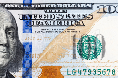 Close up of new hundred dollar bill.