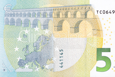 Close-up of part 5 euro banknote.