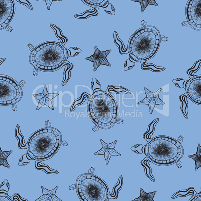 Underwater marine life pattern. Turtle and starfish tiled backgr