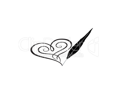 Love heart red calligraphic sign drawn by feather pen. Greeting