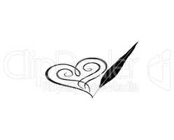 Love heart red calligraphic sign drawn by feather pen. Greeting