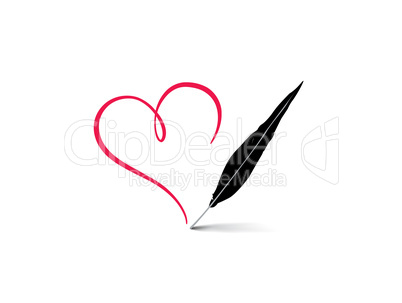 Love heart red calligraphic sign drawn by feather pen. Greeting