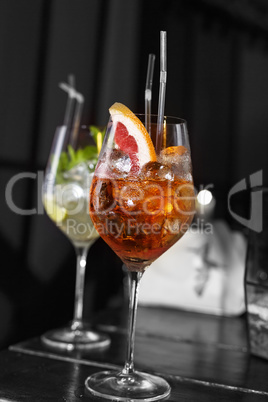 Various cocktails on the bar in the cafe, restaurant