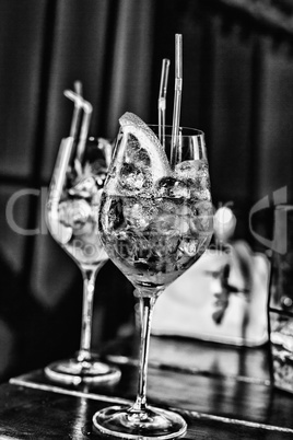 Various cocktails on the bar in the cafe, restaurant