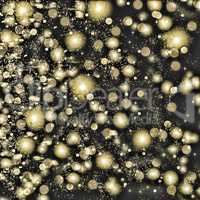 Golden snowflakes swirling on a black background. Falling snow at night. New Year, Christmas.