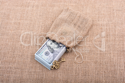 Retro key and bundle of US dollar in a sack