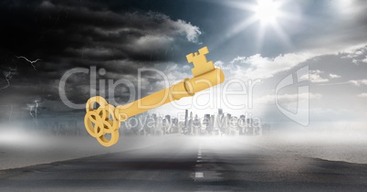 3d key against cloudy scenery of road and city