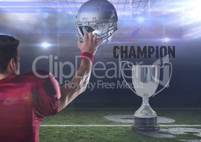 american football  player holding up helmet with throphy and  text