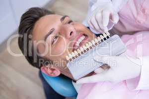 High angle view of dentist holding equipment while examining patient
