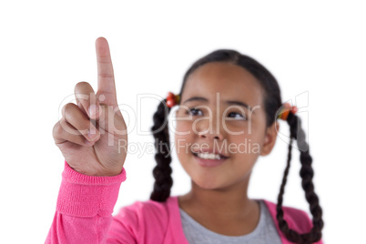 Girl pretending to touch an invisible screen