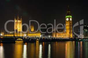 Houses of Parliament, Big Ben, Westminster Bridge, London at Nig