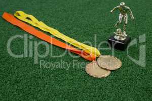 Trophy and medals on artificial grass
