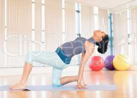Woman performing stretching exercise in the gym