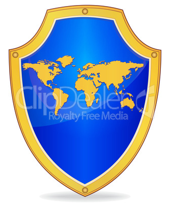 Shield with silhouette of map the world