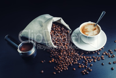Coffee cup, beans, holder