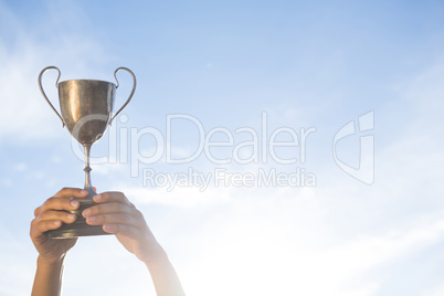 Hand holding a trophy against sky and cloud