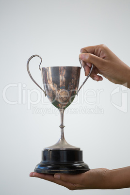 Hand holding a trophy against white background