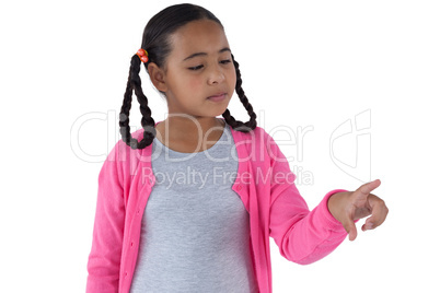 Girl pretending to touch an invisible screen