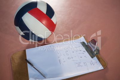 Volleyball and clipboard in the court