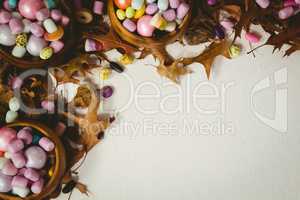 Candies with autumn leaves on white background