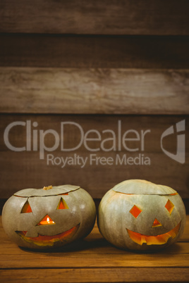 High angle view of jack o lanterns on table during Halloween